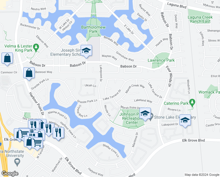 map of restaurants, bars, coffee shops, grocery stores, and more near 3224 Bridlevail Court in Elk Grove