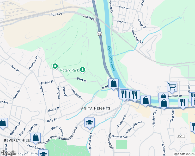 map of restaurants, bars, coffee shops, grocery stores, and more near Rotary Park Drive in Huntington