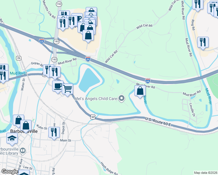 map of restaurants, bars, coffee shops, grocery stores, and more near 14 Werner Dr in Barboursville