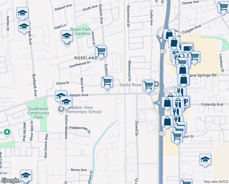 map of restaurants, bars, coffee shops, grocery stores, and more near 896 Gloria Drive in Santa Rosa