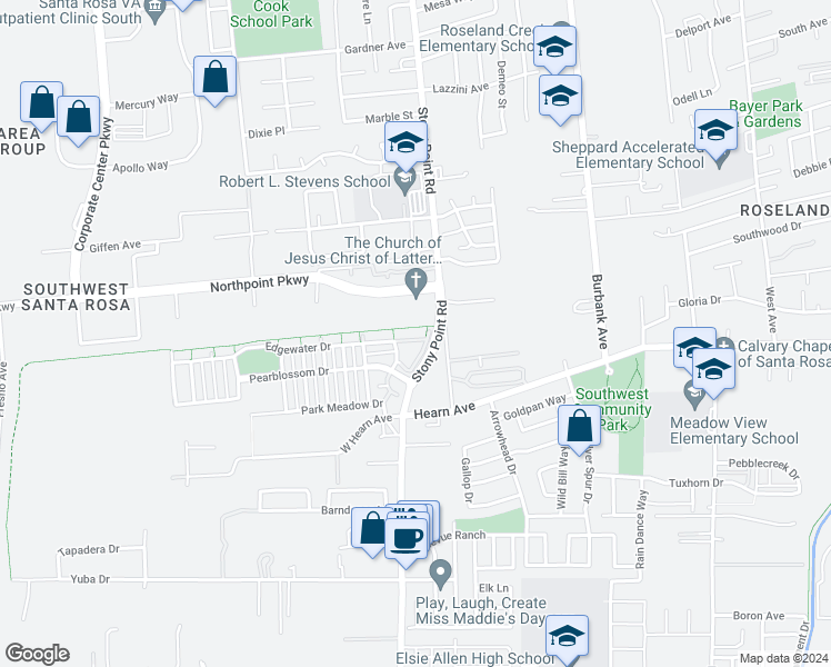 map of restaurants, bars, coffee shops, grocery stores, and more near 2428 Edgewater Drive in Santa Rosa