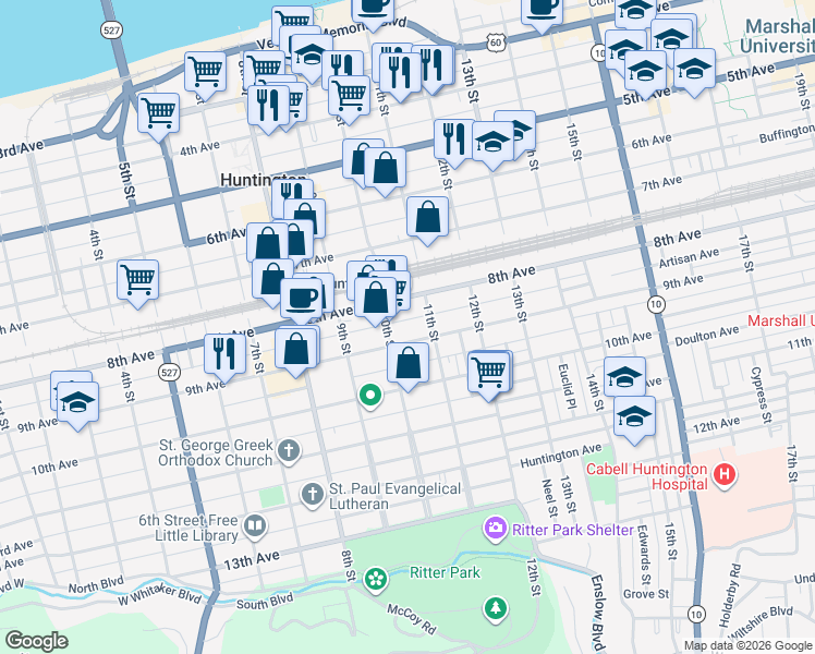 map of restaurants, bars, coffee shops, grocery stores, and more near 1007 8th Avenue in Huntington