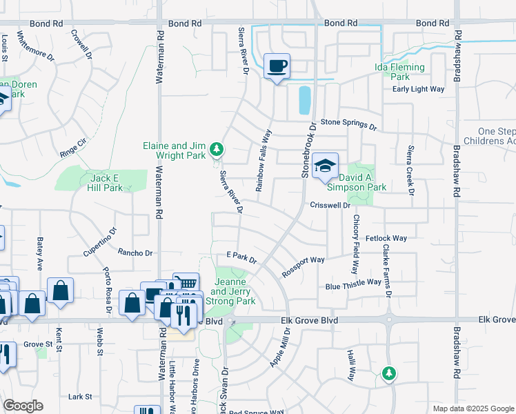 map of restaurants, bars, coffee shops, grocery stores, and more near 9416 Lyndley Plaza Way in Elk Grove