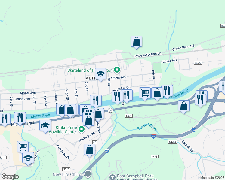 map of restaurants, bars, coffee shops, grocery stores, and more near 4428 Riverside Drive in Huntington