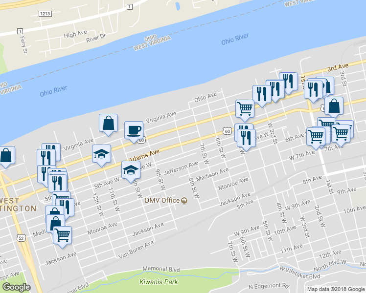 map of restaurants, bars, coffee shops, grocery stores, and more near 751 Adams Avenue in Huntington
