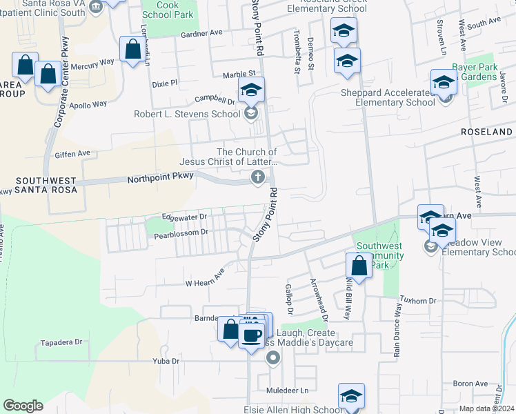 map of restaurants, bars, coffee shops, grocery stores, and more near 2428 Edgewater Drive in Santa Rosa