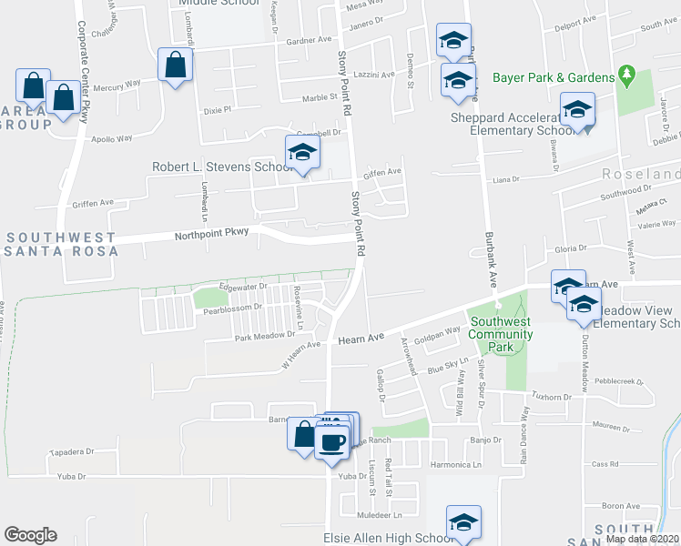 map of restaurants, bars, coffee shops, grocery stores, and more near 2428 Edgewater Drive in Santa Rosa