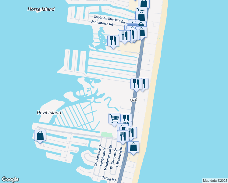 map of restaurants, bars, coffee shops, grocery stores, and more near 74TH 75th Street in Ocean City