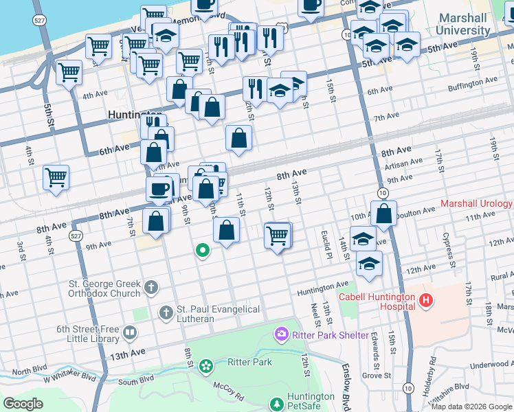 map of restaurants, bars, coffee shops, grocery stores, and more near 1124 9th Avenue in Huntington