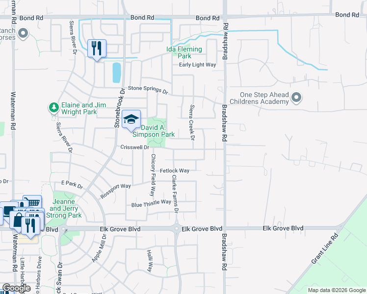 map of restaurants, bars, coffee shops, grocery stores, and more near 9621 Crisswell Drive in Elk Grove