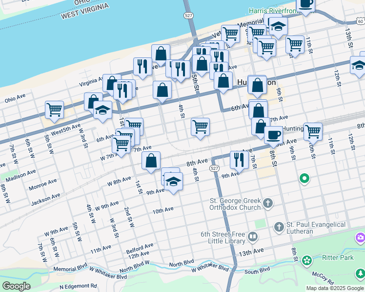 map of restaurants, bars, coffee shops, grocery stores, and more near 335 7th Avenue in Huntington