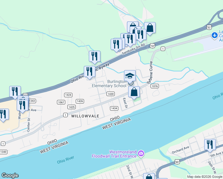 map of restaurants, bars, coffee shops, grocery stores, and more near 92 Kates Drive in South Point