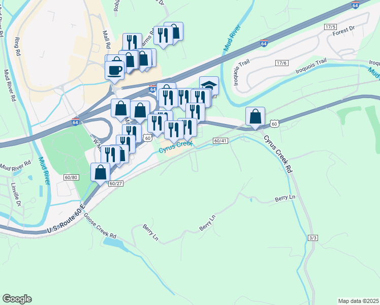 map of restaurants, bars, coffee shops, grocery stores, and more near 3598 East Trails End Road in Barboursville