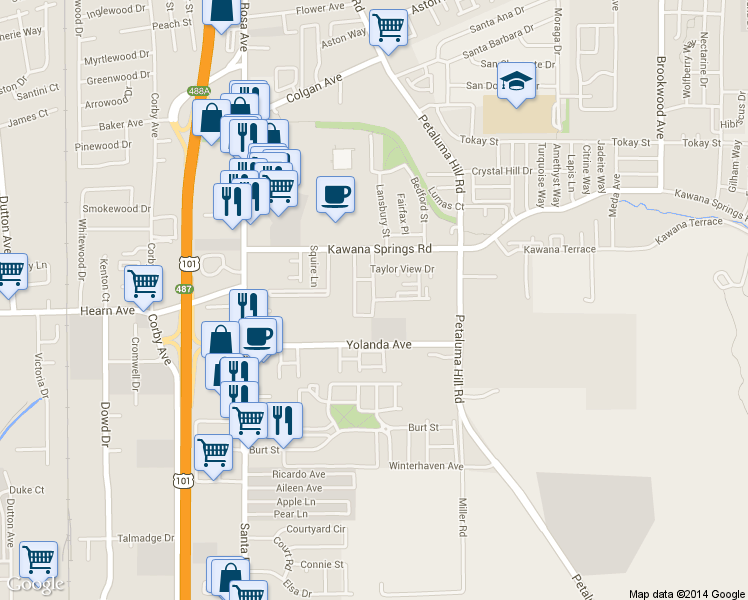 map of restaurants, bars, coffee shops, grocery stores, and more near 2398 Meadow Way in Santa Rosa