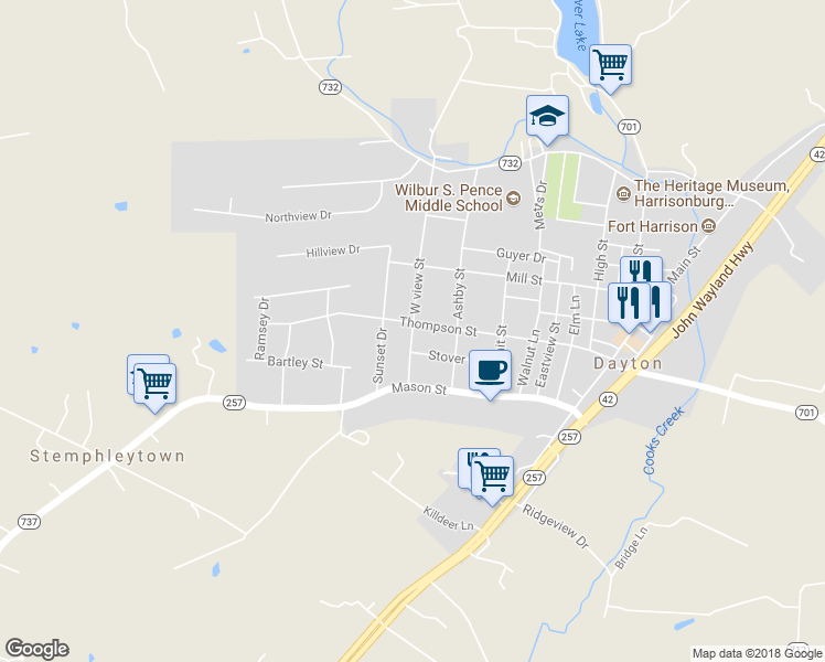 map of restaurants, bars, coffee shops, grocery stores, and more near 180 West view Street in Dayton