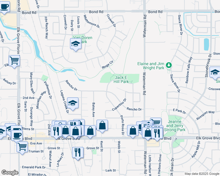 map of restaurants, bars, coffee shops, grocery stores, and more near 9201 Bella Vista Place in Elk Grove