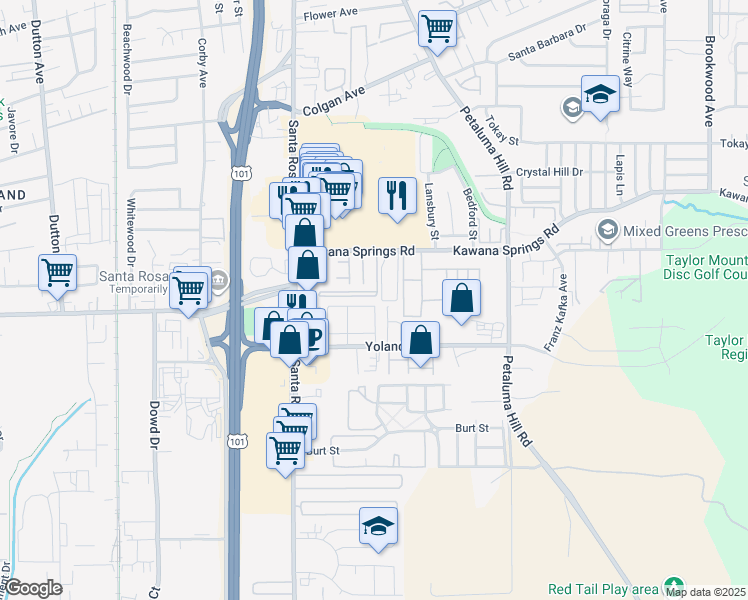 map of restaurants, bars, coffee shops, grocery stores, and more near 325 Yolanda Avenue in Santa Rosa