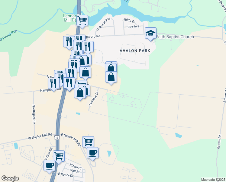 map of restaurants, bars, coffee shops, grocery stores, and more near 111 East North Pointe Drive in Salisbury