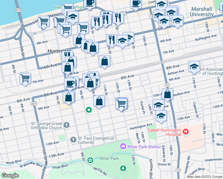 map of restaurants, bars, coffee shops, grocery stores, and more near 837 12th Street in Huntington