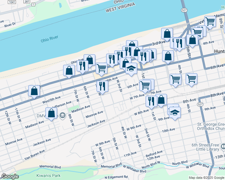 map of restaurants, bars, coffee shops, grocery stores, and more near 316 6th Avenue West in Huntington