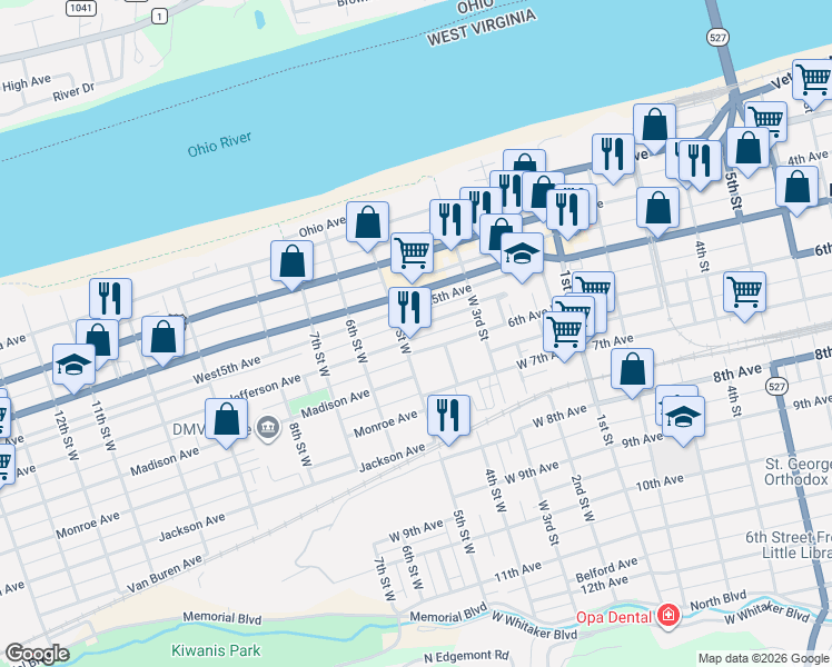 map of restaurants, bars, coffee shops, grocery stores, and more near 409 5th Ave W in Huntington