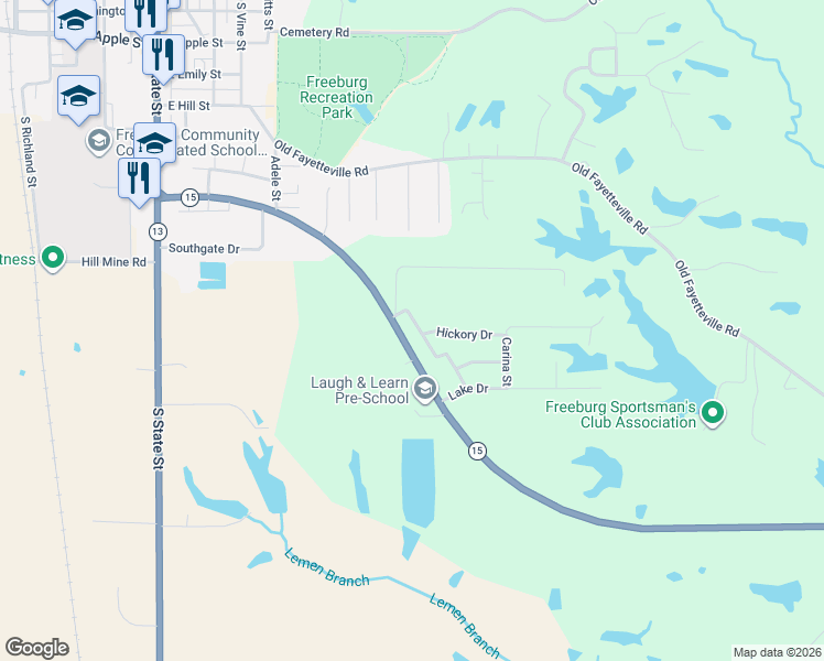 map of restaurants, bars, coffee shops, grocery stores, and more near 502 Draco Drive in Freeburg