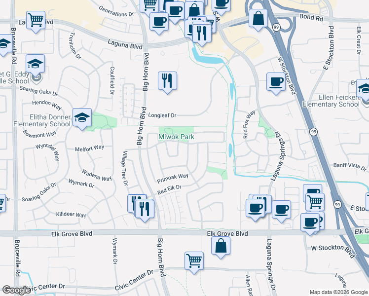 map of restaurants, bars, coffee shops, grocery stores, and more near 9425 Plainoak Way in Elk Grove