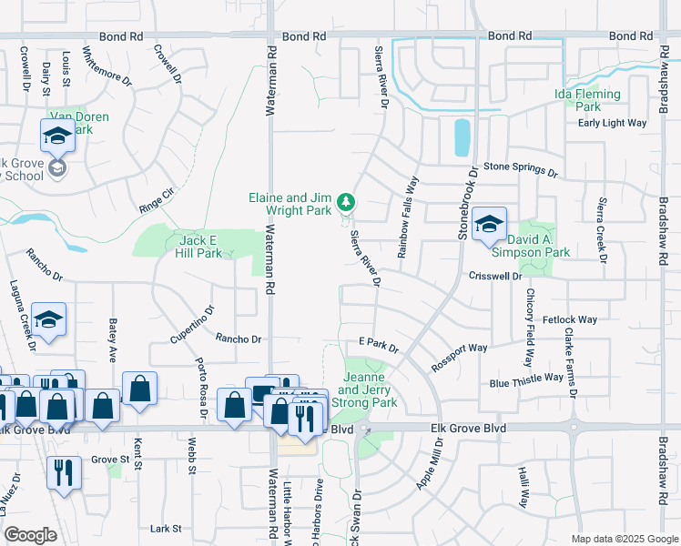 map of restaurants, bars, coffee shops, grocery stores, and more near 9378 Briartown Court in Elk Grove