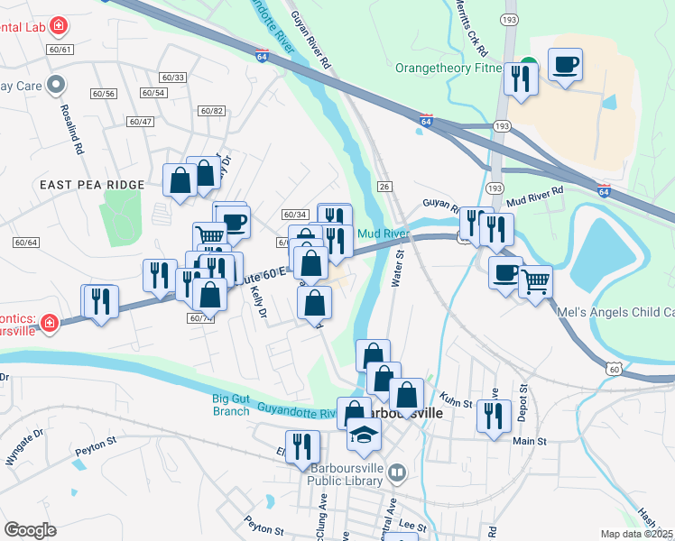 map of restaurants, bars, coffee shops, grocery stores, and more near 6435 U.S. 60 in Barboursville