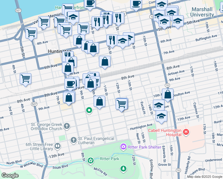 map of restaurants, bars, coffee shops, grocery stores, and more near 837 12th Street in Huntington