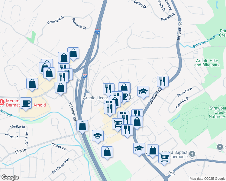 map of restaurants, bars, coffee shops, grocery stores, and more near 3266 Richardson Place Road in Arnold
