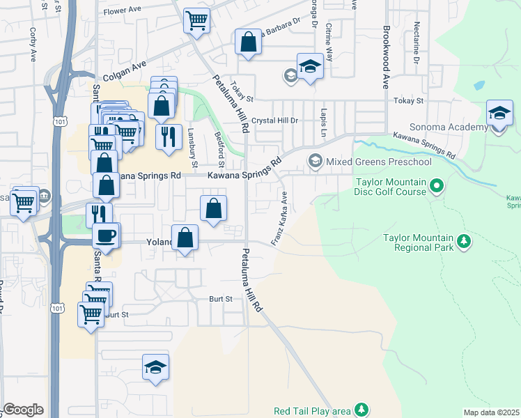 map of restaurants, bars, coffee shops, grocery stores, and more near 2674 Petaluma Hill Road in Santa Rosa