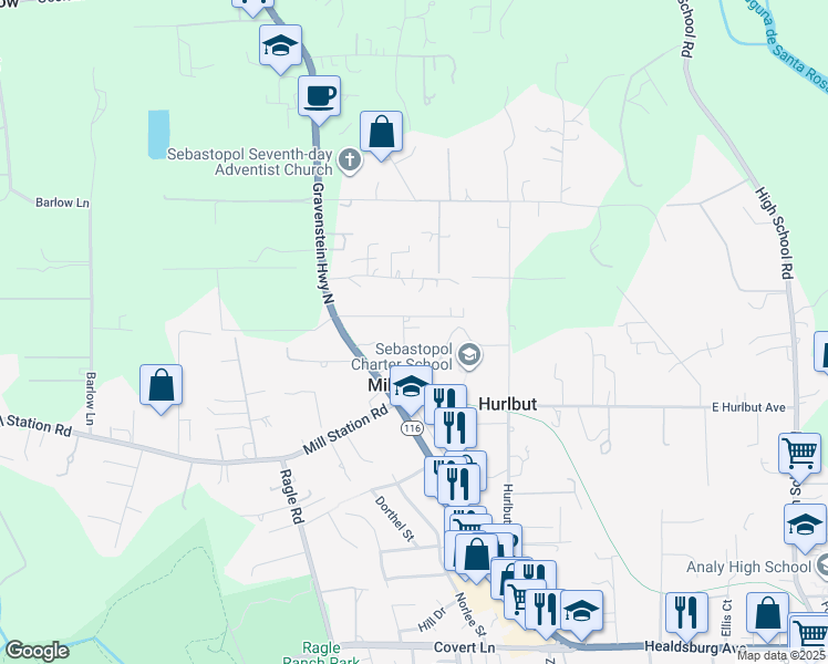 map of restaurants, bars, coffee shops, grocery stores, and more near 1345 Apple Blossom Court in Sebastopol