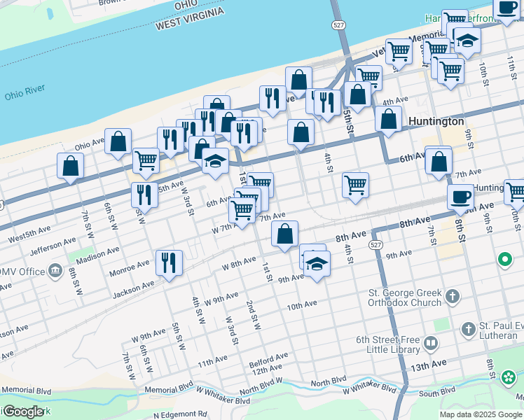 map of restaurants, bars, coffee shops, grocery stores, and more near 652-698 1st Street in Huntington