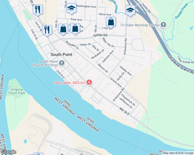 map of restaurants, bars, coffee shops, grocery stores, and more near 711 4th Street East in South Point