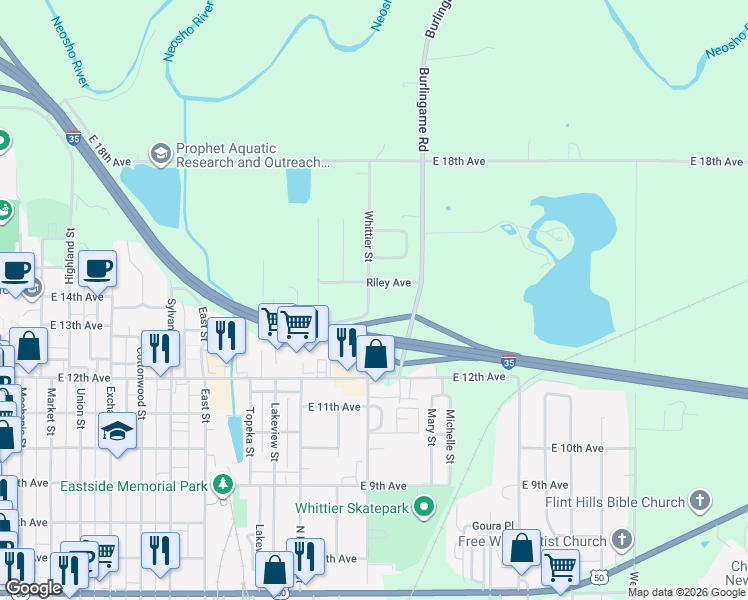 map of restaurants, bars, coffee shops, grocery stores, and more near 1250 Whittier Street in Emporia