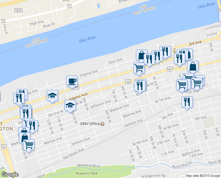map of restaurants, bars, coffee shops, grocery stores, and more near 711 Adams Avenue in Huntington
