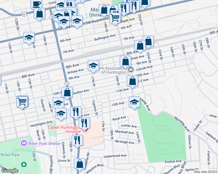 map of restaurants, bars, coffee shops, grocery stores, and more near 1807 Doulton Avenue in Huntington