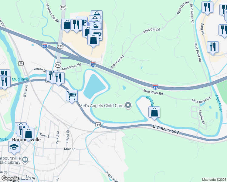 map of restaurants, bars, coffee shops, grocery stores, and more near 14 Werner Drive in Barboursville