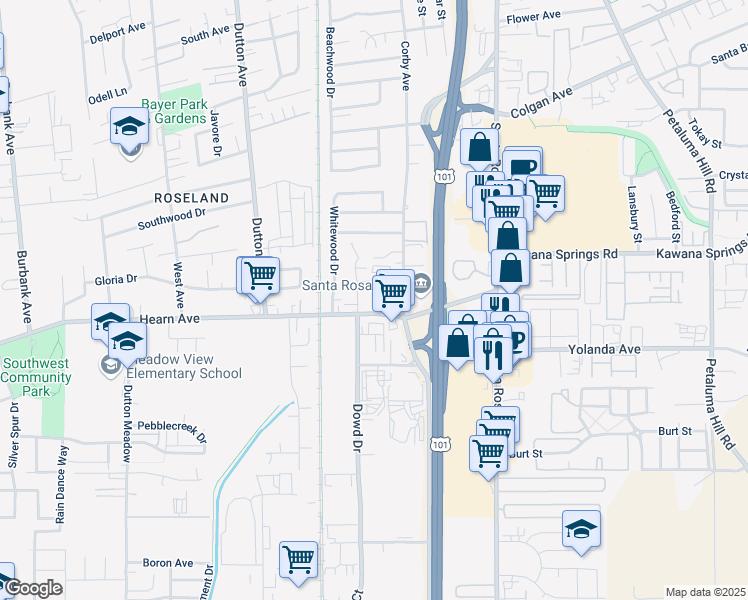 map of restaurants, bars, coffee shops, grocery stores, and more near 487 Hearn Avenue in Santa Rosa