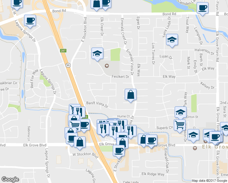 map of restaurants, bars, coffee shops, grocery stores, and more near 8576 Jester Court in Elk Grove