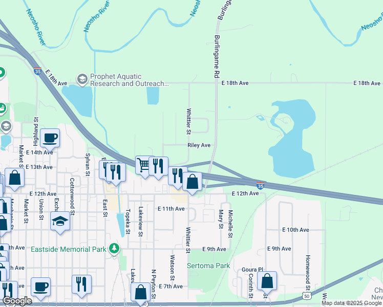 map of restaurants, bars, coffee shops, grocery stores, and more near 1250 Whittier Street in Emporia