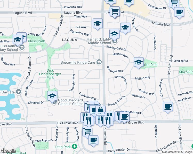 map of restaurants, bars, coffee shops, grocery stores, and more near 7213 Saltgrass Way in Elk Grove