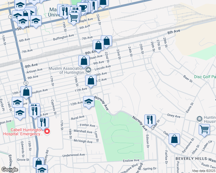 map of restaurants, bars, coffee shops, grocery stores, and more near 2121 11th Ave in Huntington