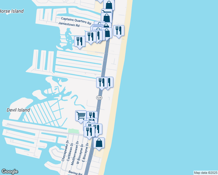map of restaurants, bars, coffee shops, grocery stores, and more near 10300 Maryland 528 in Ocean City