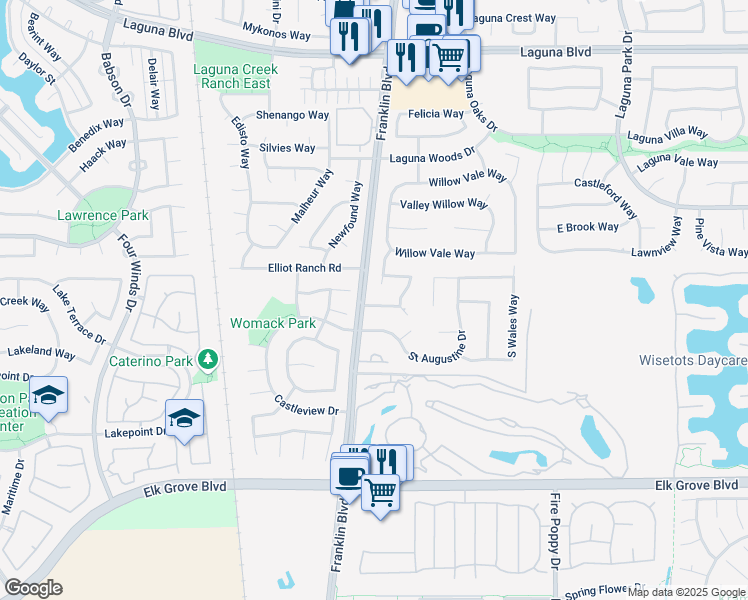 map of restaurants, bars, coffee shops, grocery stores, and more near 4801 Roselin Way in Elk Grove