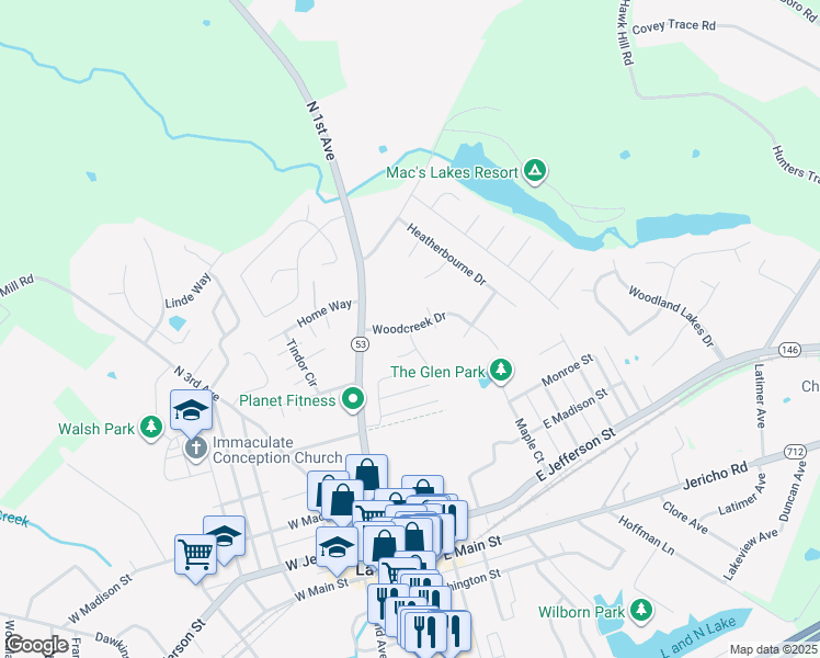 map of restaurants, bars, coffee shops, grocery stores, and more near 1207 Woodcreek Dr in La Grange