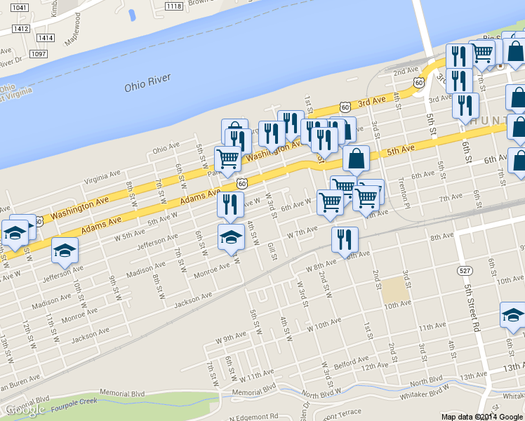 map of restaurants, bars, coffee shops, grocery stores, and more near 316 6th Avenue West in Huntington
