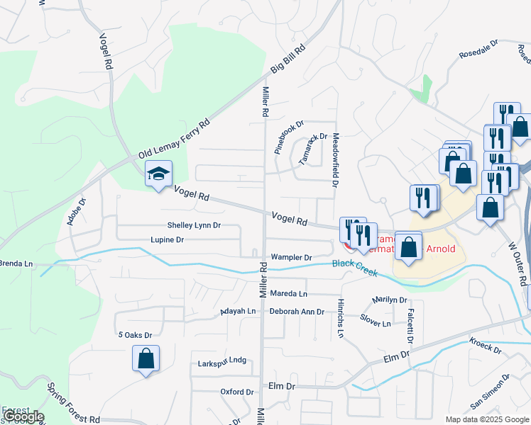 map of restaurants, bars, coffee shops, grocery stores, and more near Miller Road & Vogel Road in Arnold