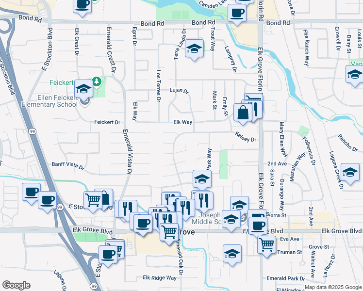 map of restaurants, bars, coffee shops, grocery stores, and more near 8775 Contemporary Court in Elk Grove
